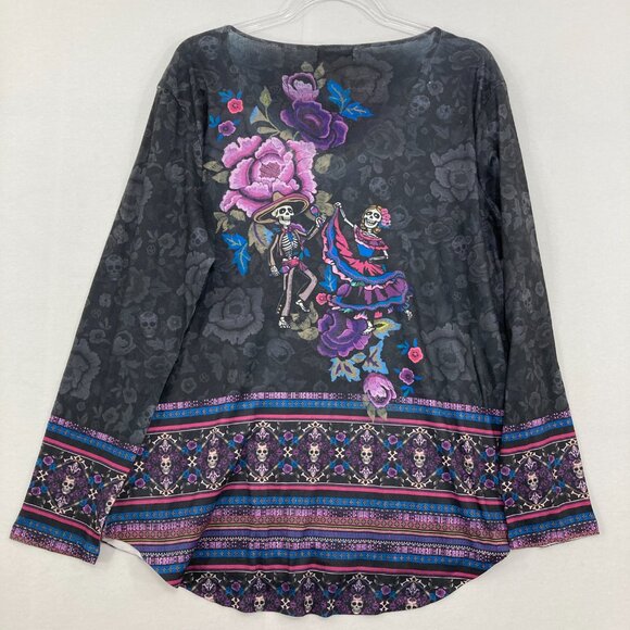 New One World size XXL Black Purple Floral V neck Novelty Skeleton Print Top - Picture 8 of 10